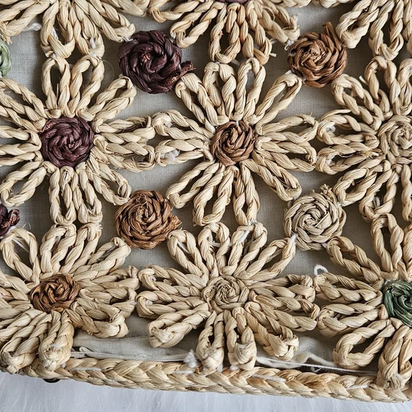 Vintage Woven Floral Straw Handbag with Wooden Handles - Picture 6 of 10